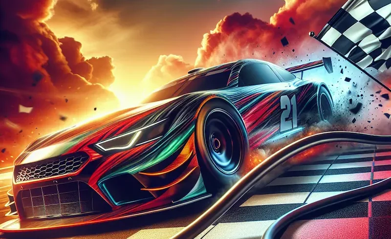 A race car with the number 21 speeds towards the finish line on a checkered track against a dramatic sunset backdrop, with dust and debris trailing behind, showcasing the excitement much like launching a new website promising high return on investment.