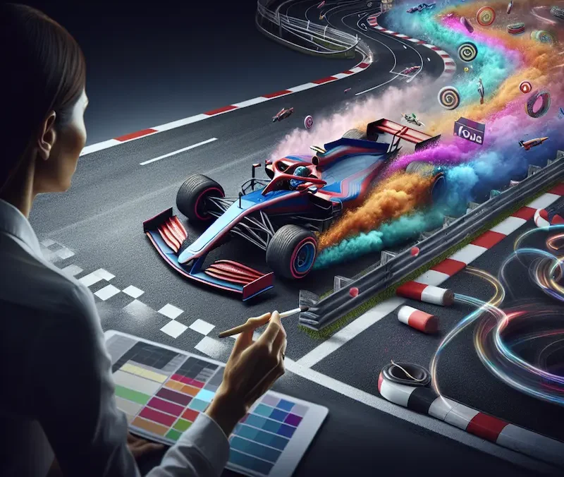 An artist observes a colorful racing car on a vibrant racetrack, with rainbow smoke trailing behind and various objects in the air. Holding a color palette, the scene inspires him to invest in a new website that will showcase his work and drive higher website ROI.