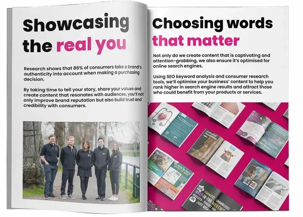 An open magazine features a two-page spread. The left page, set in Inverness, discusses the importance of brand authenticity with a photo of five people standing outdoors. The right page focuses on effective content creation and advertising strategies for modern businesses.
