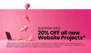 A laptop and three ice cream cones dropping on a pink surface. Text reads "Summer SALE 20% OFF all new Website Projects" followed by terms and conditions.
