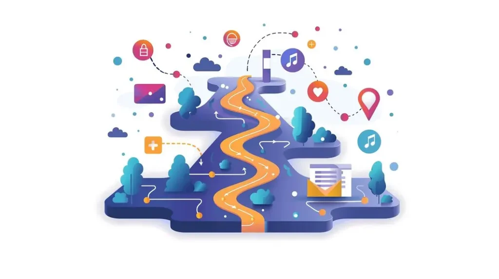 A stylized illustration features a winding road on a map-like landscape. Surrounding the road are icons for music, navigation, messaging, and health. Trees and clouds decorate the scene, transforming user journeys into an engaging visual experience.