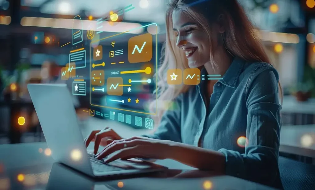 A woman is sitting and typing on a laptop with multiple virtual charts and digital icons projected in front of her, symbolizing data analysis and technology, as she transforms user journeys through advanced WordPress design.