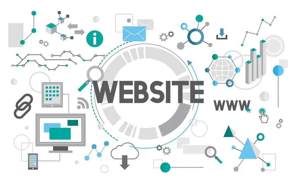 An abstract illustration representing website development, featuring icons such as a computer, magnifying glasses, graphs, cloud storage, and various connectivity symbols—perfect for WordPress blogging or business projects.