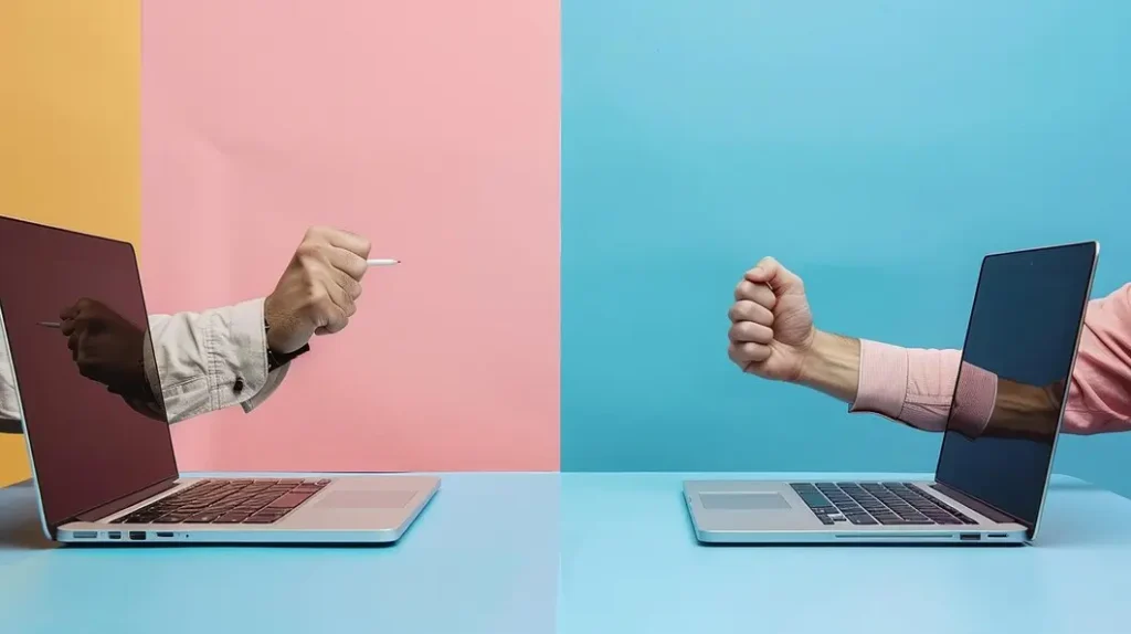 Two laptops face each other on a split-color background. A person’s fist emerges from the screen on the right, while a hand holding a stylus—ready to address all your business needs—emerges from the screen on the left, both directed at each other.