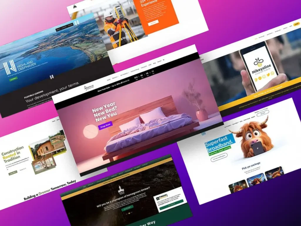A collage of six different website homepages, crafted using WordPress Design, showcases themes like construction, real estate, bedding, broadband services, and more, all displayed against a purple gradient background. The collection offers a glimpse into diverse user journeys across various industries.
