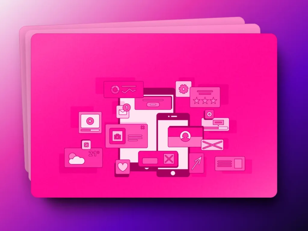A vibrant pink screen displays various digital icons including gears, envelopes, a heart, a cloud, and a mobile phone against a purple gradient background, offering a glimpse into dynamic user journeys.
