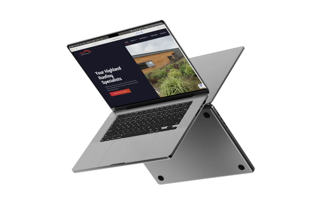 Open laptop displaying a website with a house image and text "Your Highland Roofing Specialists", positioned floating diagonally.