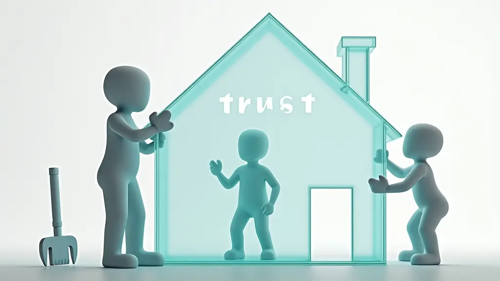 Three 3D human-like figures, representing loyal customers, construct a house labeled "trust" with a shovel on the ground.
