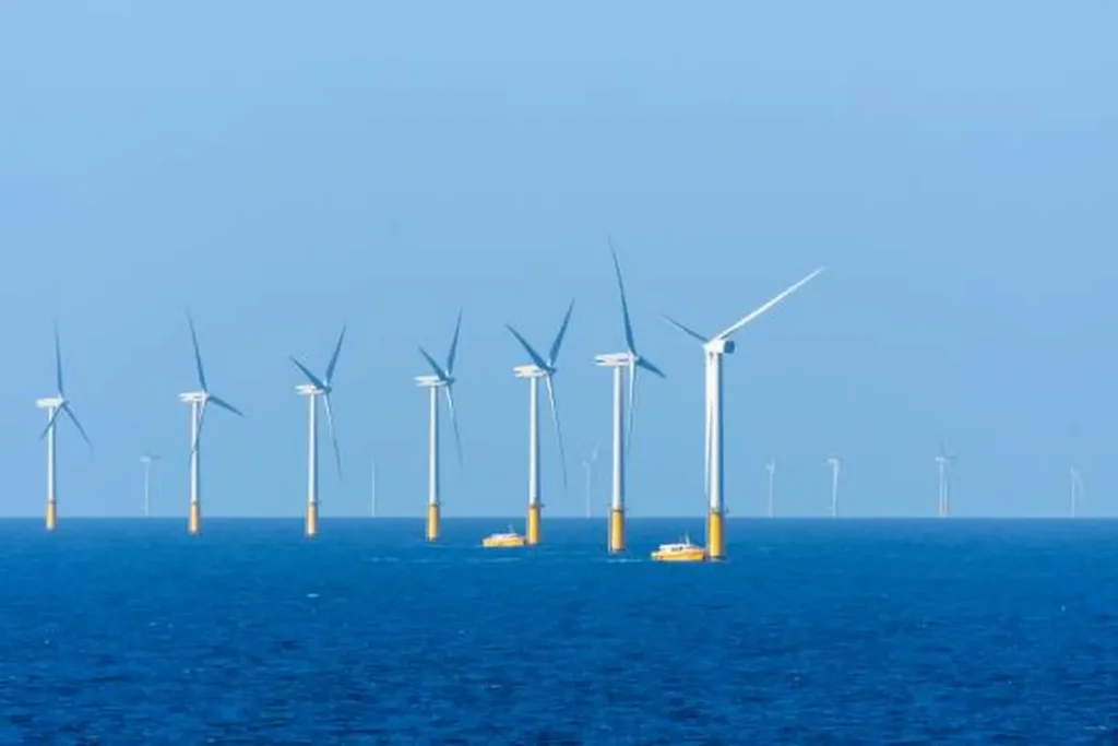A group of offshore wind turbines is spread out in the ocean, with two yellow maintenance boats nearby under a clear blue sky, showcasing the innovation and potential of Green Freeports.
