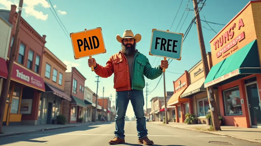 A man in a cowboy hat stands in the middle of an empty street holding one sign that says "PAID" and another that says "FREE." The street, lined with small shops, usually attracts loyal customers and visitors exploring Planit Scotland.
