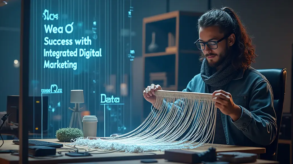 A person with glasses works on a macrame project at a computer desk, surrounded by digital marketing graphics and data projections from Planit Scotland, strategizing to attract visitors and loyal customers.