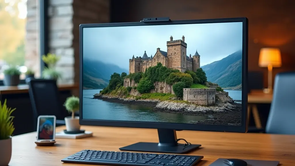 Desktop computer on a wooden desk displaying an image of a castle on an island near Inverness. Office setting with plants and a lamp in the background.