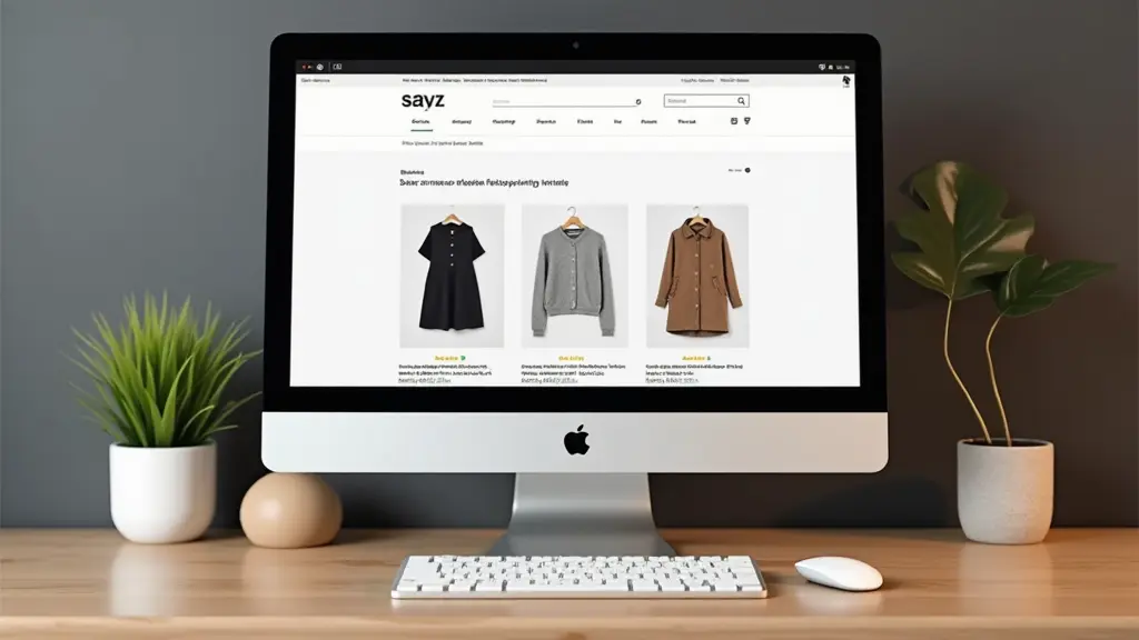 A desktop computer displaying an online clothing store website featuring black, gray, and brown coats, showcasing the latest in innovative website design. Two potted plants on either side of the computer add a touch of nature to the wooden desk.