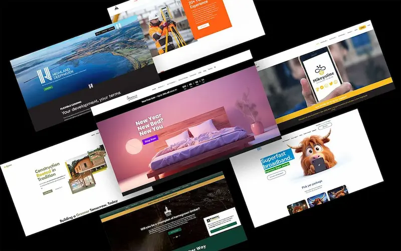 A collage of six different website homepages, each showcasing unique designs and elements, such as images of landscapes, a bed, a dog, and construction scenes—illustrating the diverse creativity in online marketing.