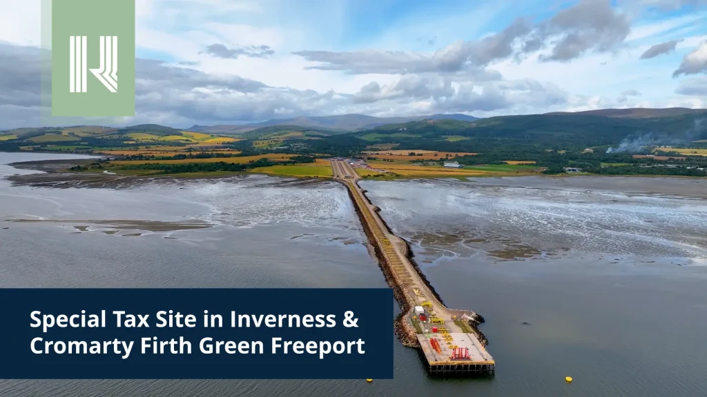 A long pier stretches out into the sea with a backdrop of hills and fields. Text reads: "Special Tax Site in Inverness & Cromarty Firth Green Freeport – Discover the Secret to Effective Marketing.