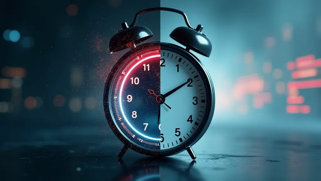 An alarm clock split into two halves, one side showing a dark, night-time theme and the other a bright, daytime theme, symbolizing the contrast between night and day—much like an innovative website design highlighting current website design trends.