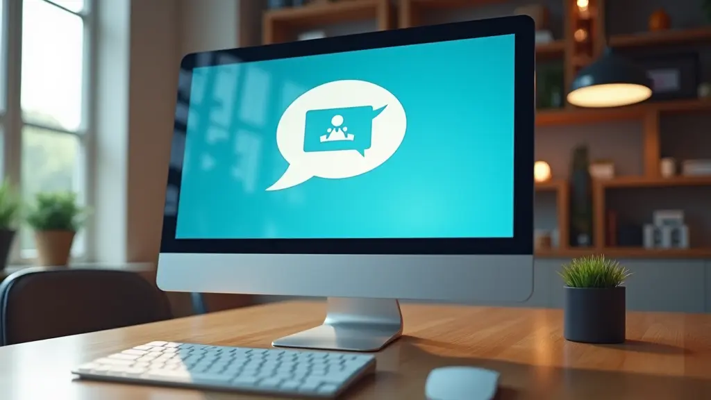 A desktop computer on a wooden desk in Inverness displays a blue screen with a white speech bubble icon, reflecting innovative website design. A keyboard and a potted plant sit on the desk, while shelves are visible in the background.