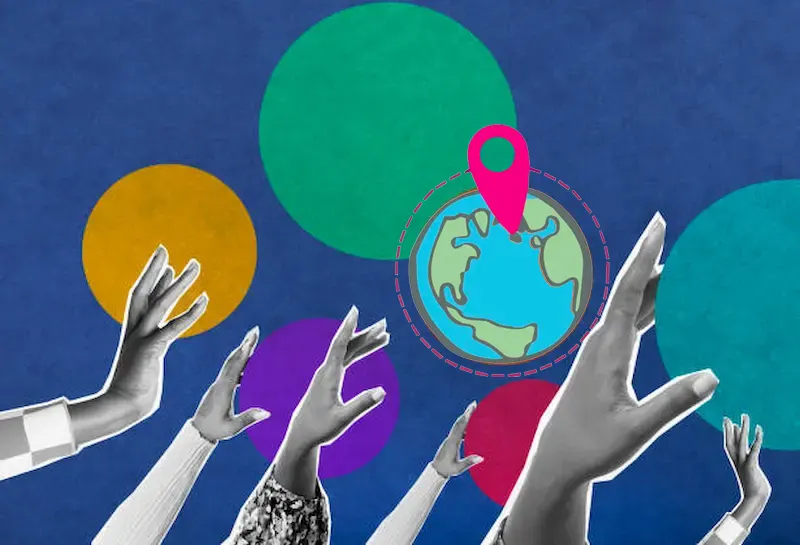 Collage of hands reaching towards a globe with a location pin, symbolizing Inverness businesses, set against a background of colorful circles.