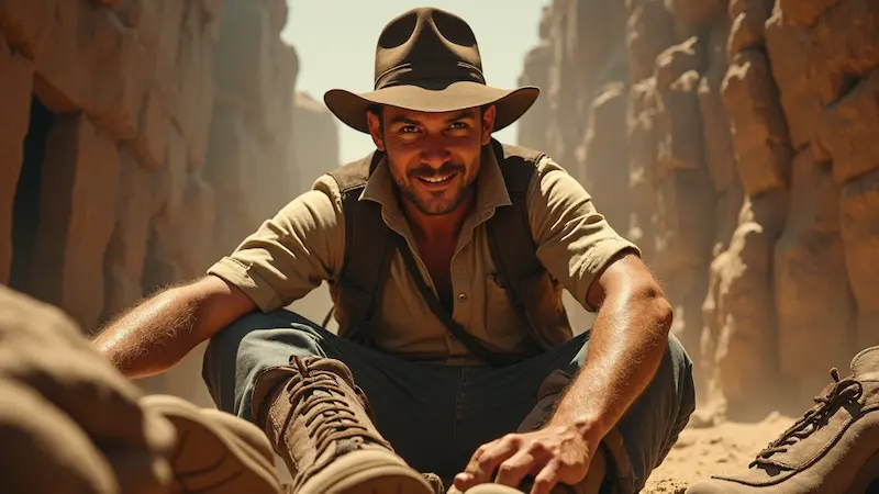In a wide-brimmed hat and khaki outfit, a man sits on the rocky canyon floor, smiling at the camera. His confident demeanor is reminiscent of 2024 trends in adventure marketing, blending nature's rugged allure with modern storytelling peak interests.