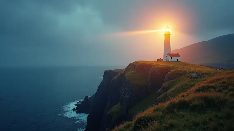 A beacon of success, the lighthouse stands tall on the cliff, illuminated against a dark, cloudy sky with waves crashing below—much like Marketing Agency Inverness guiding clients through stormy seas.