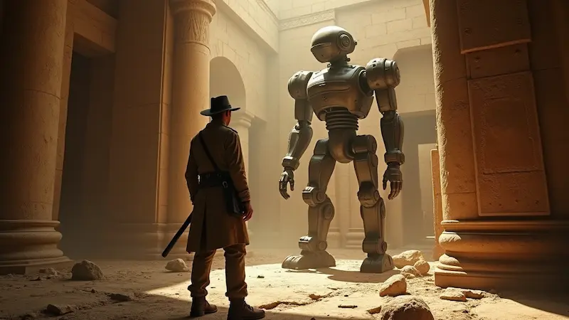 In the ancient stone building, a person in a hat and coat stands before a large robot, reminiscent of Inverness's historic charm. Dust and stones lie scattered on the ground, creating a scene that blends past with future trends.