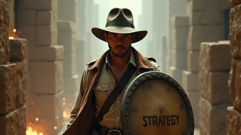 Amid the ruins with burning elements, an adventurer in a fedora hat and brown jacket carries a shield labeled "Strategy," inspired by 2024 trends.