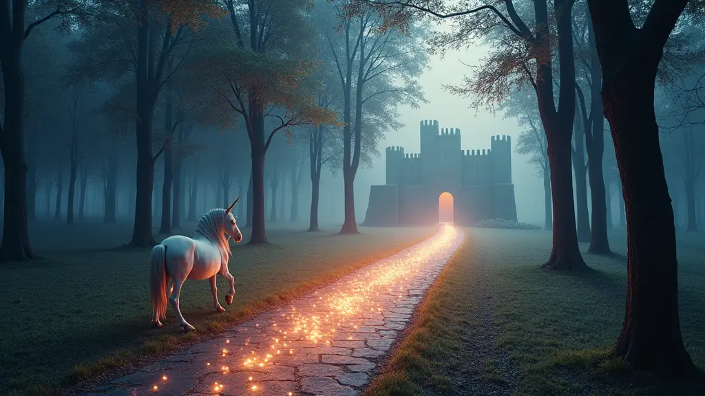 A unicorn stands on a path with glowing sparkles, leading to a castle in the misty forest of Inverness.