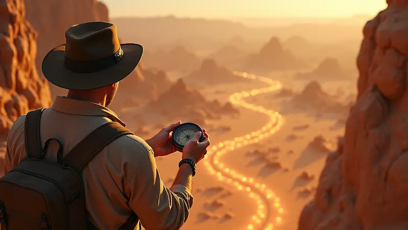 A person in a hat and backpack holds a compass, standing on a rocky cliff overlooking a winding, glowing path in a desert landscape at sunset—a vision that could inspire 2024 trends from any marketing agency Inverness.