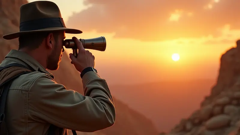 A person in a hat gazes through a telescope towards the sunset over Inverness's rocky landscape, embodying the visionary spirit of 2024 trends shaping the future like a marketing agency finding new horizons.
