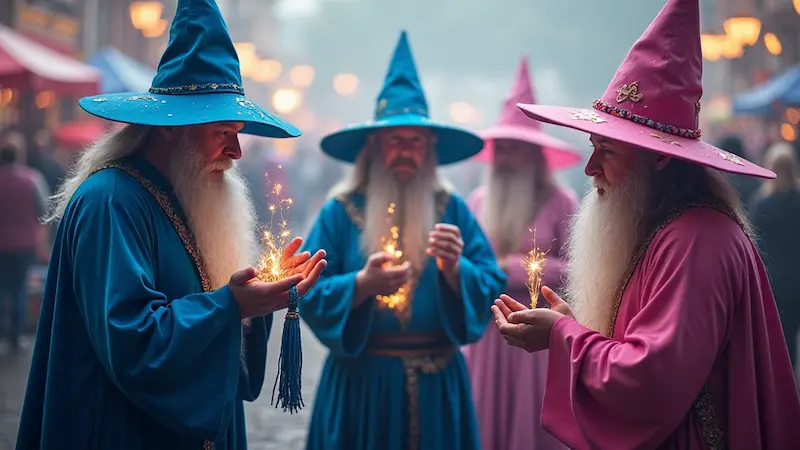 Four elderly wizards in blue and pink robes, wielding sparklers, enchant the street scene with a touch of magic. Amidst a sea of blurred lights and curious onlookers, their zest for life is reminiscent of best practices that lead to success.