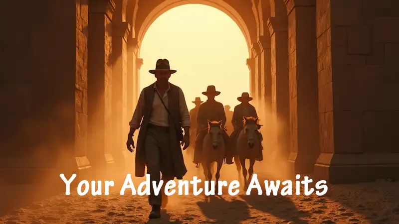 Four people on horseback ride through a sunlit archway in Inverness. Text reads, "Your Adventure Awaits.