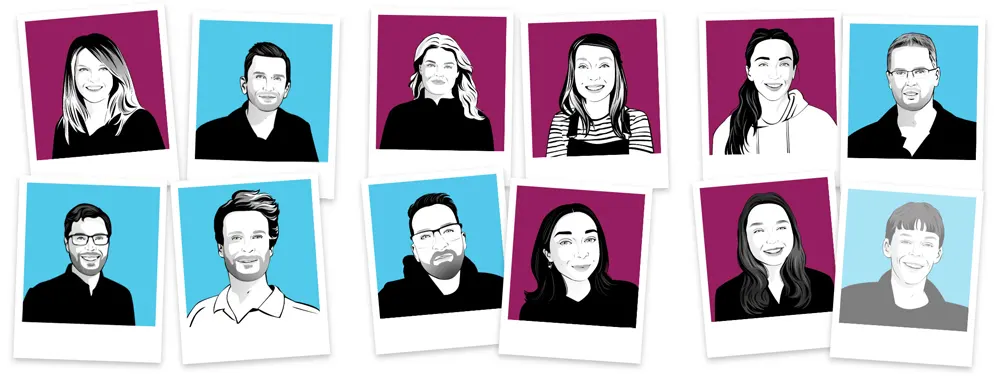 Illustrated portraits of eleven diverse individuals, presented in polaroid-style frames against alternating blue and purple backgrounds, capture the creativity often showcased by a top-notch Planit Scotland agency.
