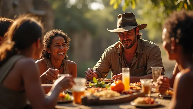 A group of people seated outdoors around a table in Inverness, enjoying a meal. One person wears a hat. Sunlight filters through trees in the background, creating the perfect setting for discussing 2024 trends with a local marketing agency.